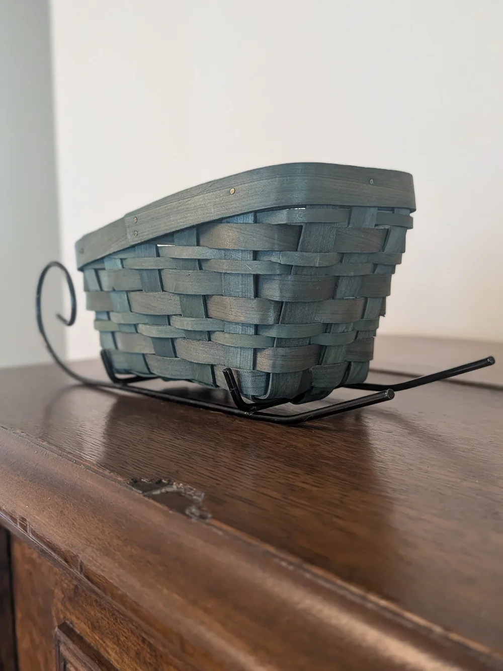 Woven Wood Sleigh Basket Black Metal Runners Holiday Decor